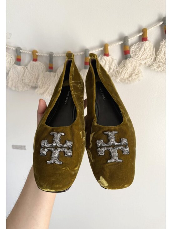 Tory Burch Eleanor Pave Crystals Ballet Flats Olive Green Velvet Square Toe 10 - Picture 4 of 10